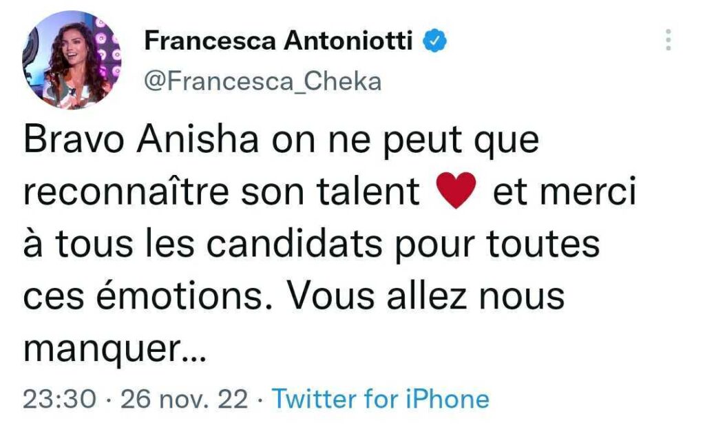 Francesca Antoniotti donne son avis sur le passage de Nolwenn Leroy à la Star Acacemy 2022 @Twitter