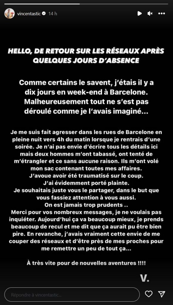 Vincent Blier (Koh-Lanta) revient sur son agression @Instagram