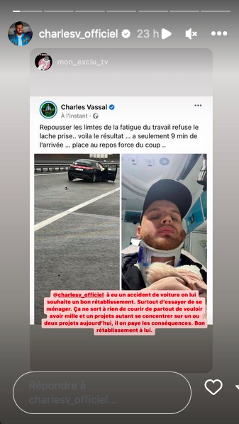 Charles Vassal blessé dans un accident de voiture : il dévoile les photos choc