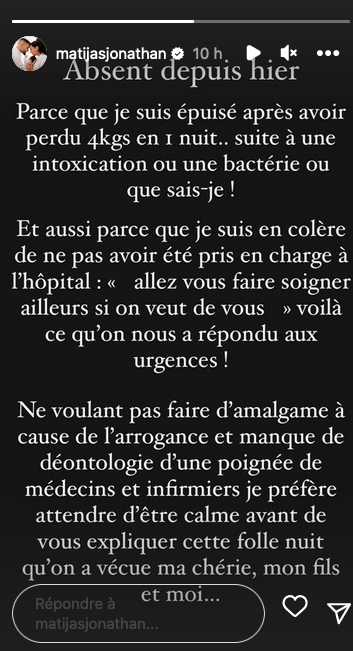 Jonathan Matijas : malade, on refuse de l'ausculter aux urgences. Shanna Kress est très en colère