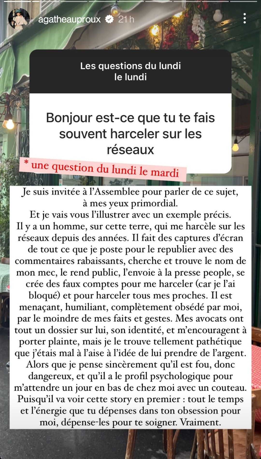 Agathe Auproux au sujet de son harceleur : "Je pense sincèrement qu'il est fou, donc dangereux"