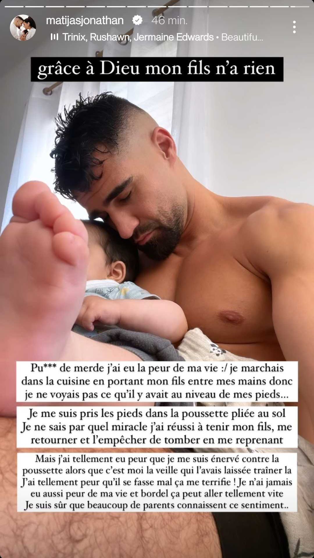 Jonathan Matijas manque de tomber avec son fils dans les bras : "J'ai eu la peur de ma vie"