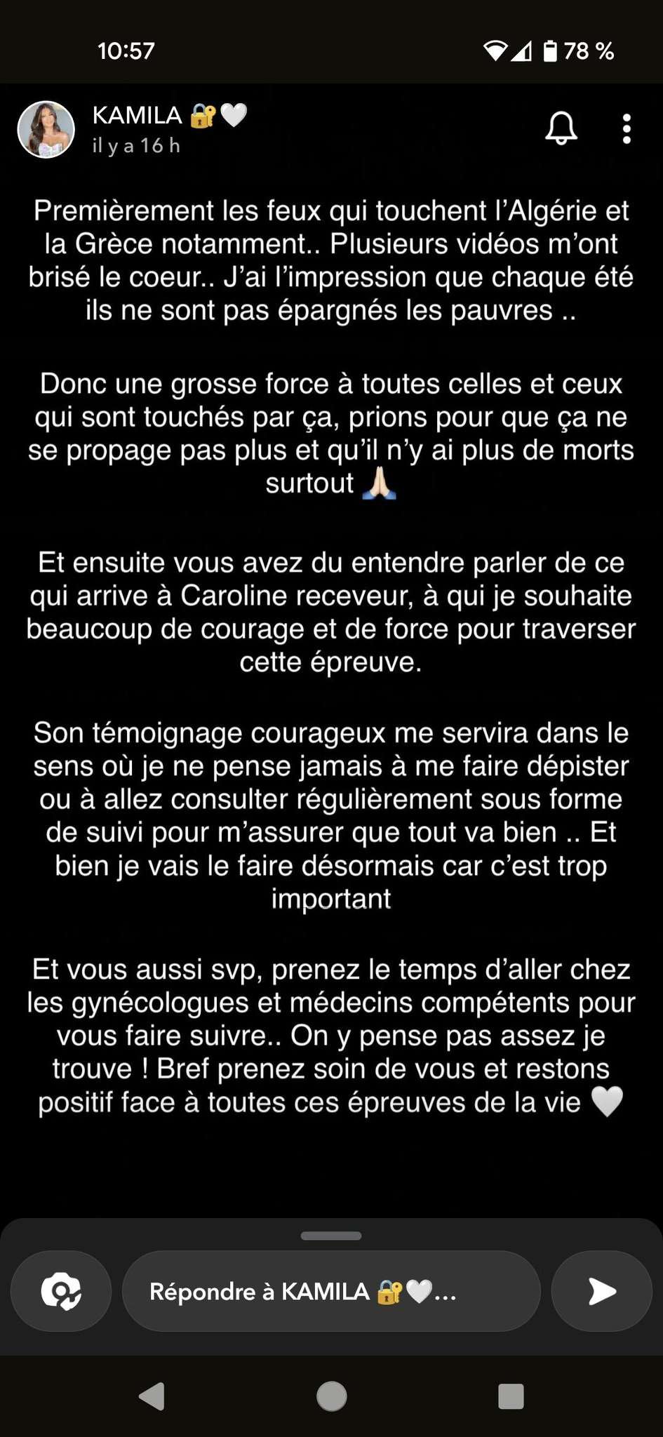 Kamila : ce message important qu'elle partage après l'annonce du cancer du sein de Caroline Receveur