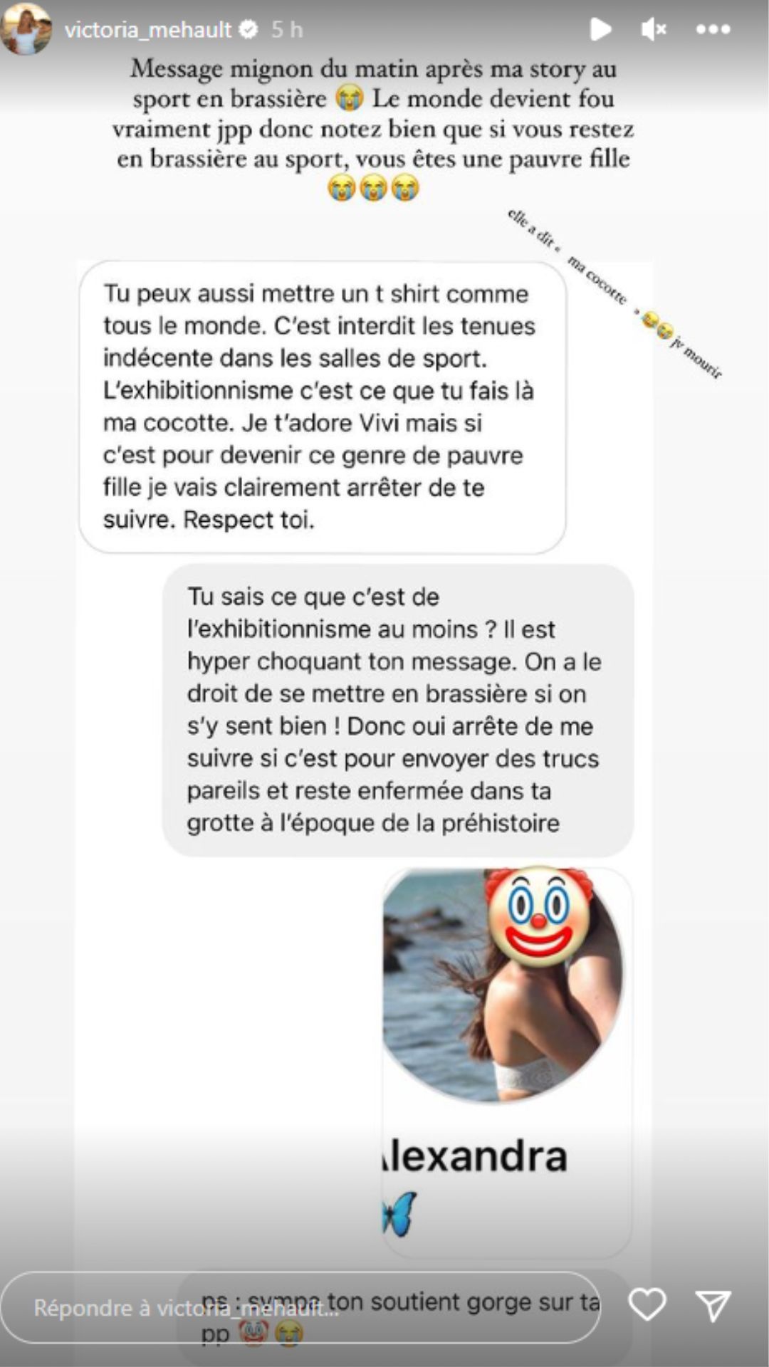 Victoria Mehault recale en story une abonnée qui la qualifie de "pauvre fille exhibitionniste"