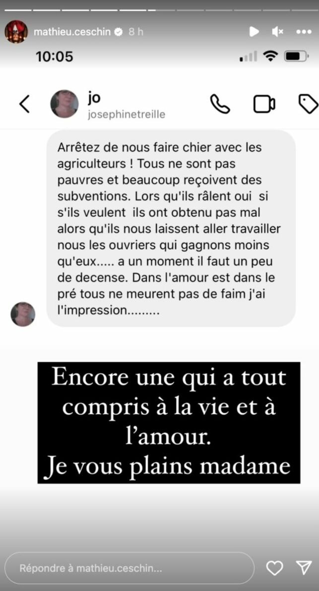 Mathieu Ceschin soutient les agriculteurs en colère : attaqué par une internaute, il riposte