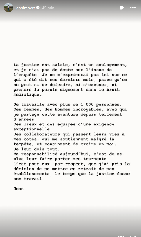 Jean Imbert accusé de violences : le chef sort du silence et prend une décision radicale "Ma responsabilité aujourd’hui…"