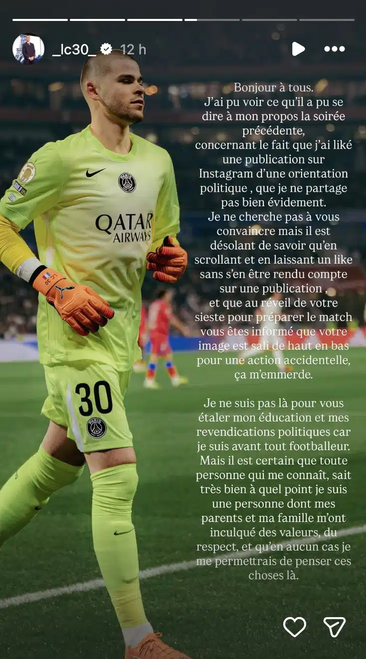 Lucas Chevalier : le gardien du PSG s'explique après son like d'un post qui encense le Rassemblement national