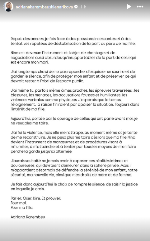Adriana Karembeu porte de graves accusations contre le père de sa fille Nina : "Je fais le choix de saisir la justice"