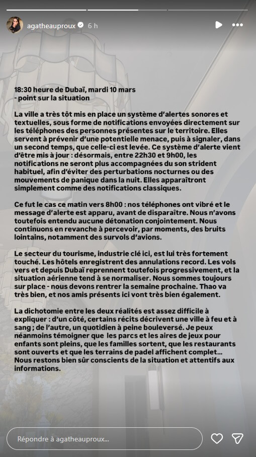 Agathe Auproux évoque son séjour prolongé à Dubaï avec son bébé : "Nous sommes toujours sur place…"