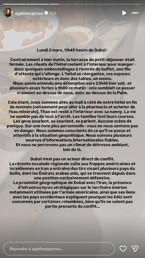 Agathe Auproux bloquée à Dubaï, elle fait une grosse mise au point : "Nous ne nous sentons pas en danger"
