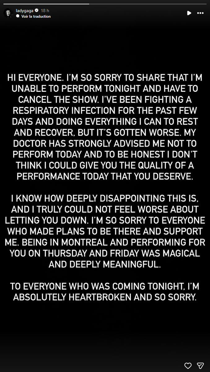 Lady Gaga annule un concert à la dernière minute : "Je suis incapable de performer"