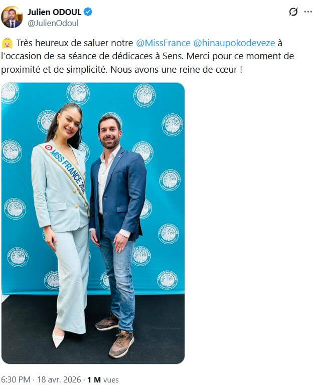 Hinaupoko Devèze pose avec Julien Odoul : le président de Miss France interpelle l’élu RN